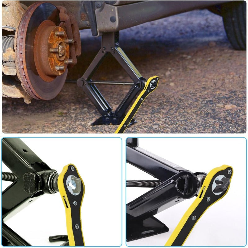 Heavy-Duty Scissor Jack Ratchet Wrench – 360° Rotating Tire Lift Tool with Cross Adapter Kit