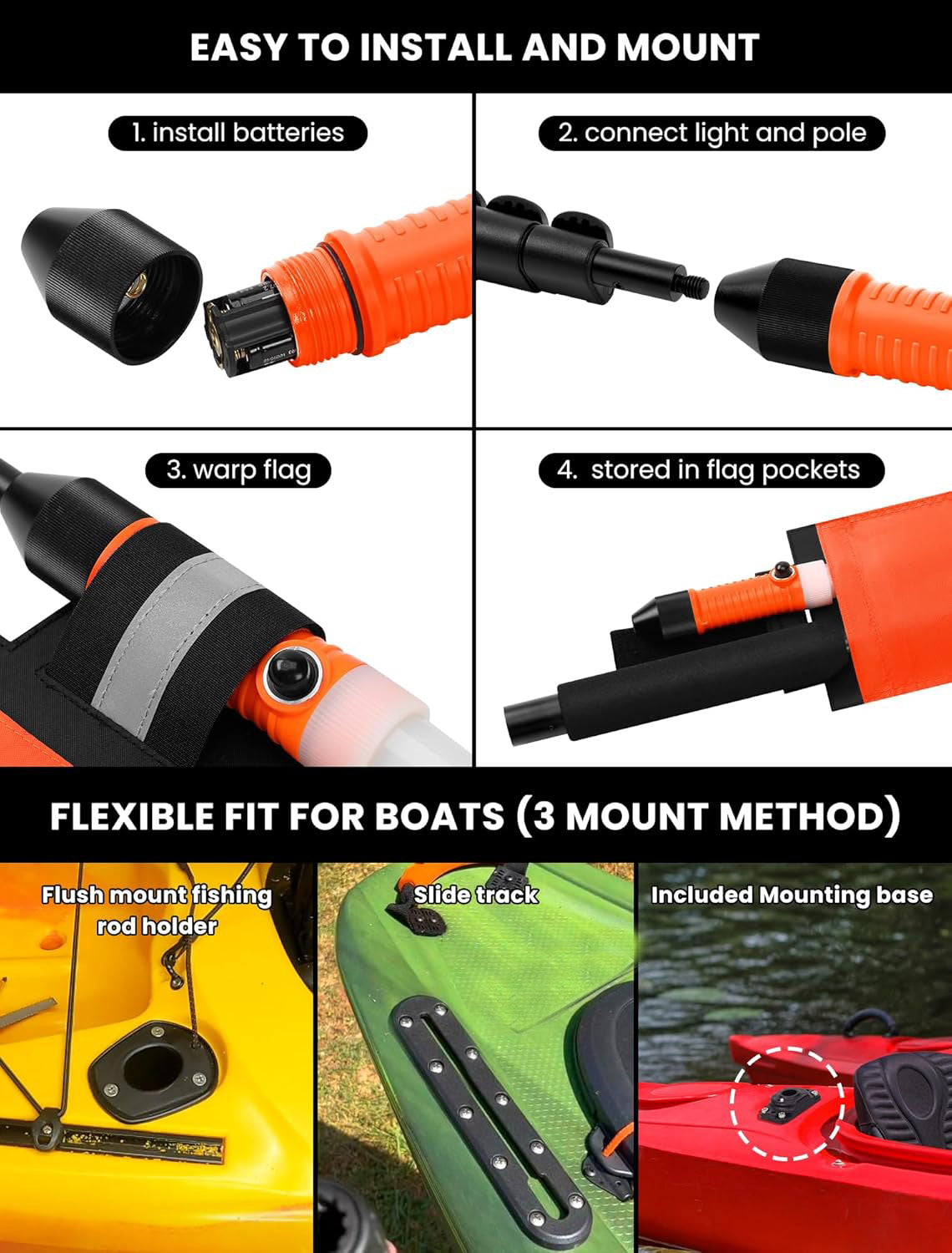 360 Degree LED MightyMount and Hardware Kayak Fishing Visibility Flag