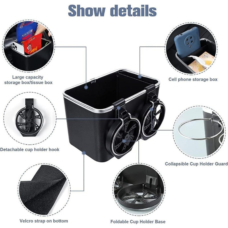 Armrest Organizer with Twin Fold-Flat Cup Holders