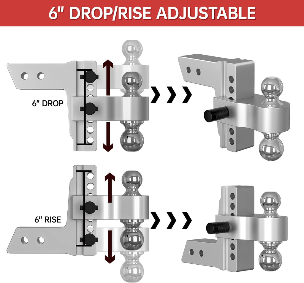 Adjustable Trailer Hitch, Fits 2.5 Inch Receiver, 6 Inch Drop Hitch, 18,500 LBS GTW, Aluminum Forged Shank, 2 Inch & 2-5/16 Inch Balls, Towing Hitch for Heavy Duty Truck with Double Lock Pins