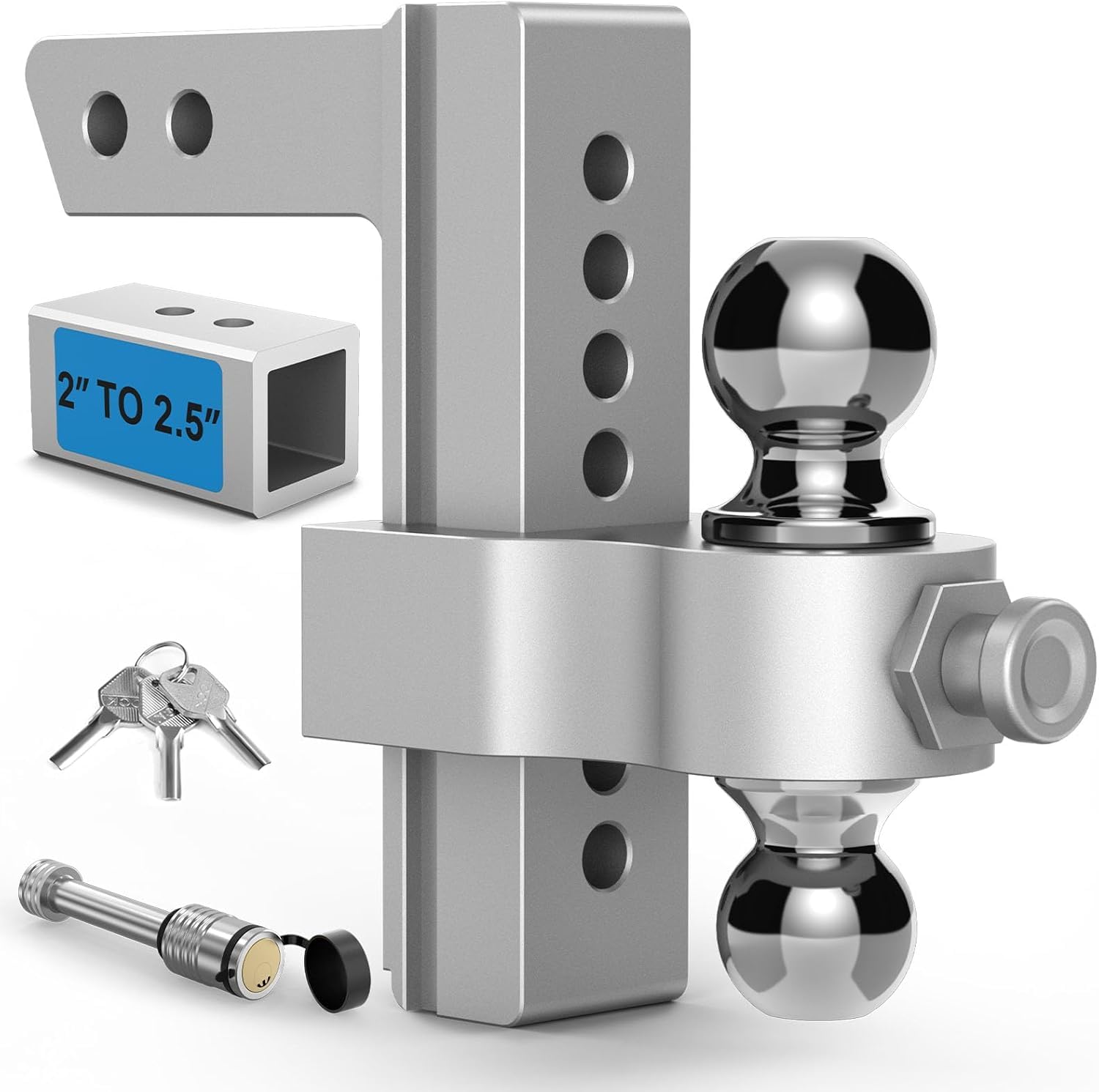 Adjustable Trailer Hitch, Drop Hitch Fits 2 Inch Receiver, Height Aluminum Tow Hitches with Dual Ball (2" x 2-5/16") GTW 12,500 LBS, Heavy Duty Towing Hitch Ball Mount