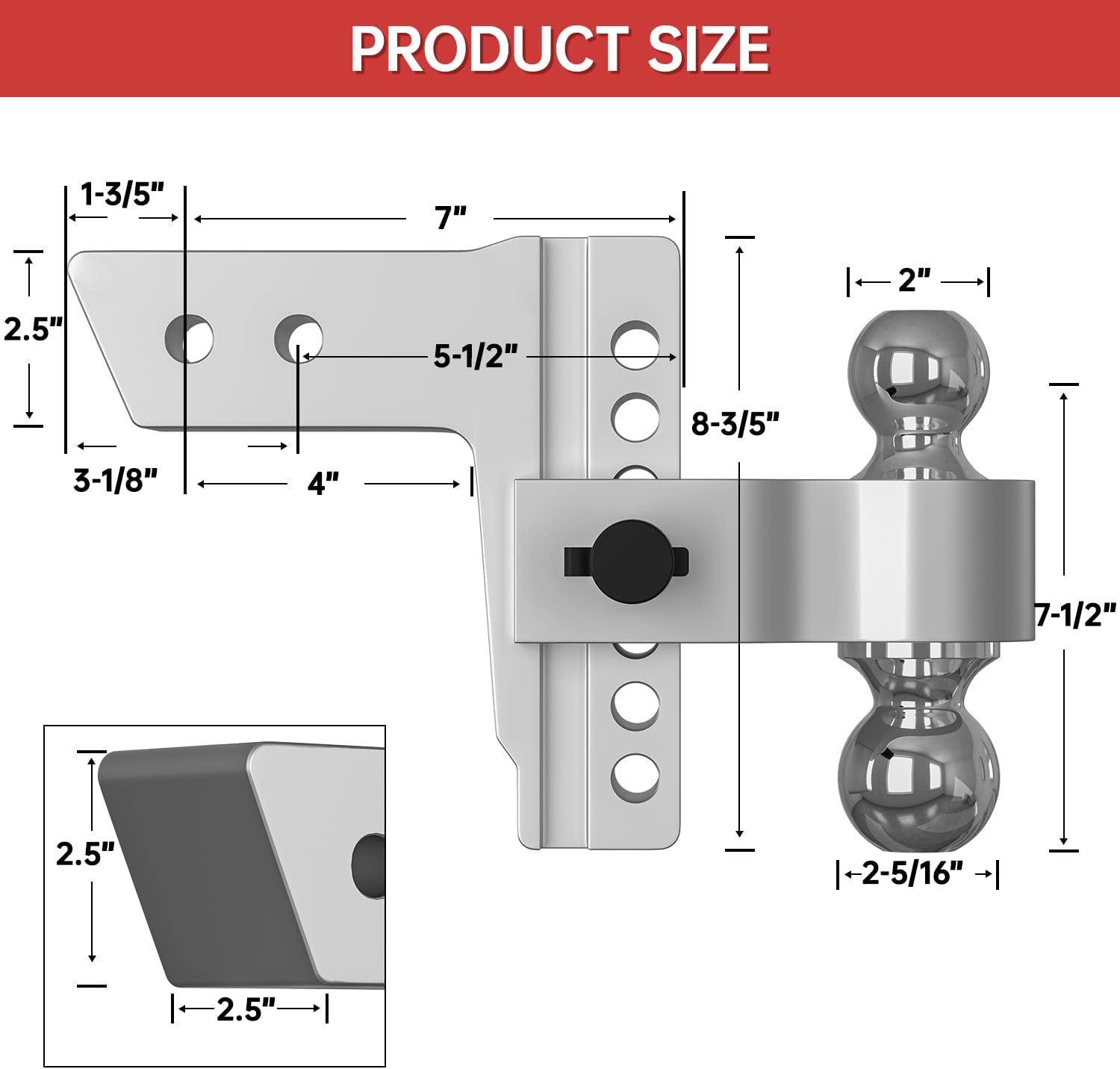 Adjustable Trailer Hitch, Fits 2.5 Inch Receiver, 6 Inch Drop Hitch, 18,500 LBS GTW, Aluminum Forged Shank, 2 Inch & 2-5/16 Inch Balls, Towing Hitch for Heavy Duty Truck with Double Lock Pins