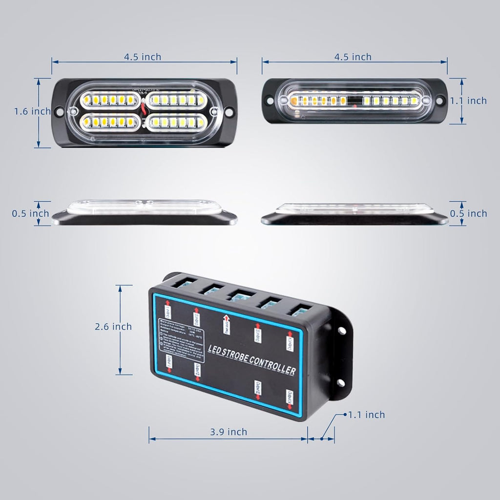 8pcs Sync Feature Emergency Strobe Grille Lights LED Ultra Slim Surface Mount Flashing Hazard Warning Light Bar with Controller for Firefighter/Construction/Trucks/Vehicles/Car