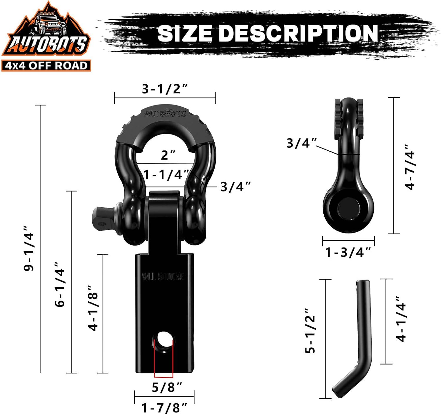 Tow Hitch Receiver 2, 45,000 Lbs Break Strength Heavy Duty Receiver with 5/8 Screw Pin, 3/4 Shackle, Towing Accessories for Vehicle Recovery Off-Road