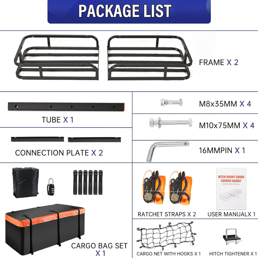 Hitch Mount Cargo Carrier Basket +Waterproof Cargo Bag 15 Cubic Feet,Hauling Weight Capacity of 500 Lbs fit on 2 Inch Receiver with Hitch Stabilizer,Net and Straps