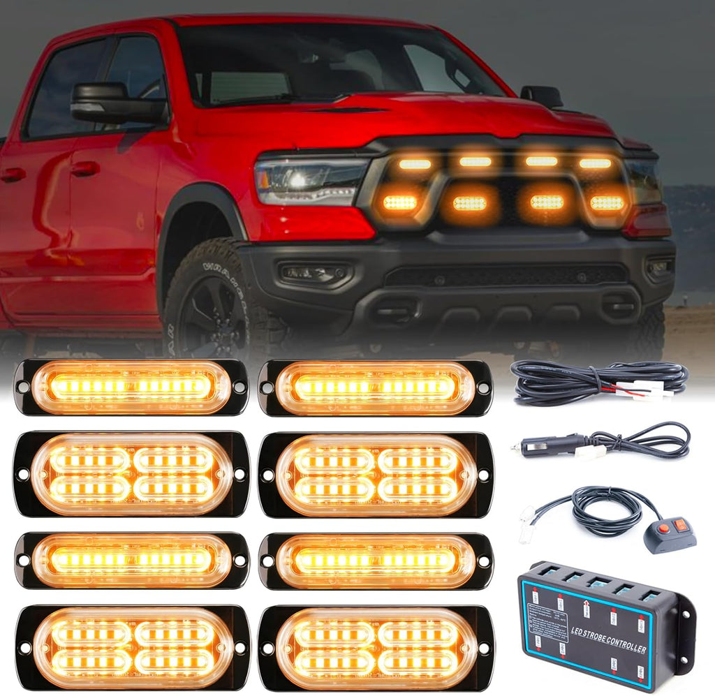8pcs Sync Feature Emergency Strobe Grille Lights LED Ultra Slim Surface Mount Flashing Hazard Warning Light Bar with Controller for Firefighter/Construction/Trucks/Vehicles/Car