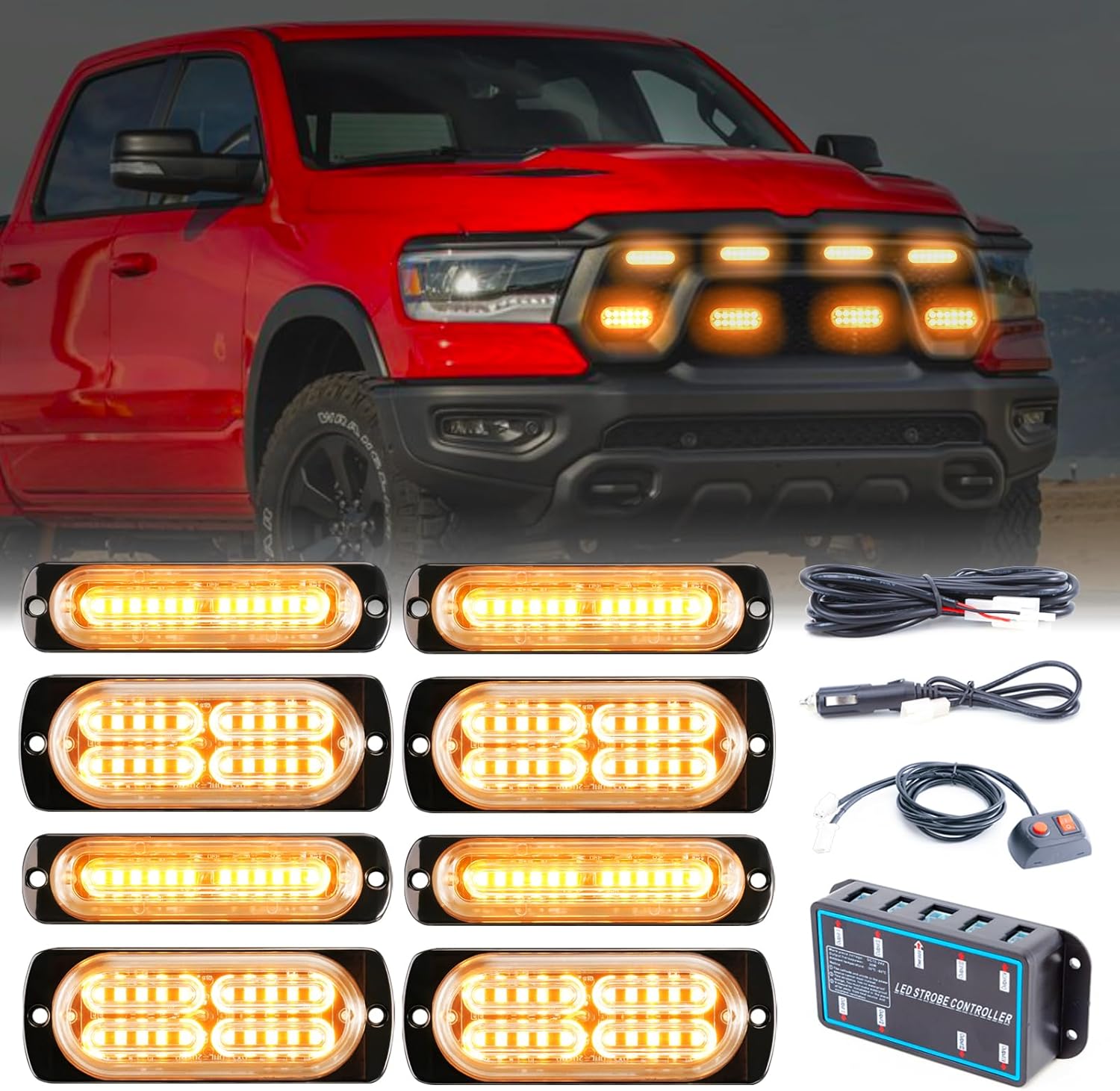 8pcs Sync Feature Emergency Strobe Grille Lights LED Ultra Slim Surface Mount Flashing Hazard Warning Light Bar with Controller for Firefighter/Construction/Trucks/Vehicles/Car