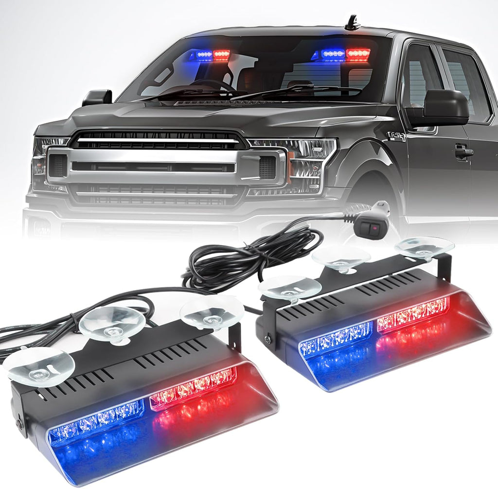 2x7.5" 16 LED Emergency Strobe Light Bar, 26 Flash Modes, Front/Rear Windshield Safety Warning Light for Police Firefighter Construction Vehicles Trucks