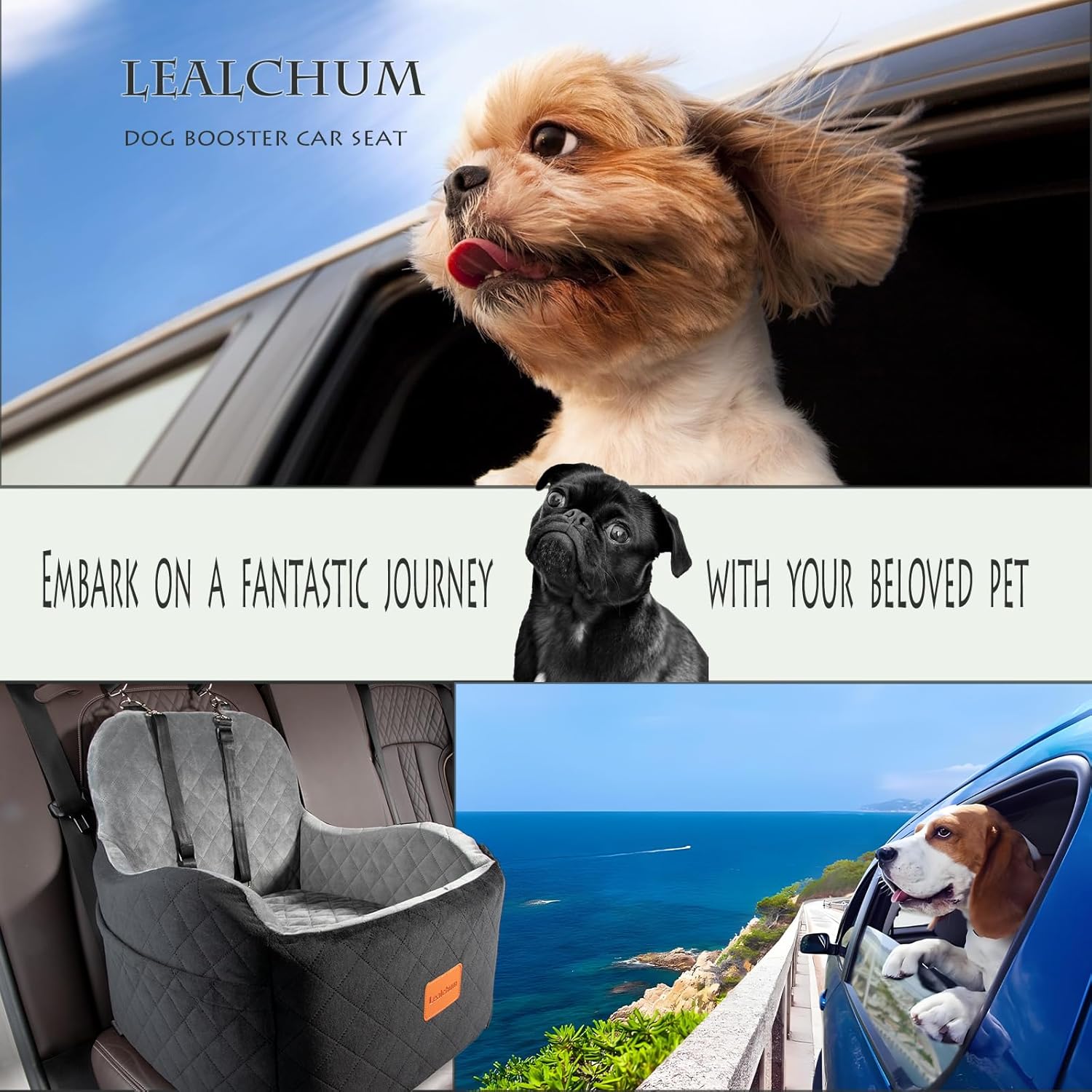 Dog Booster Car Seat for Small/Medium Dogs, Memory Foam Elevated Cushion, Fully Detachable & Washable with Safety Leashes, Fits All Car Seats & SUV