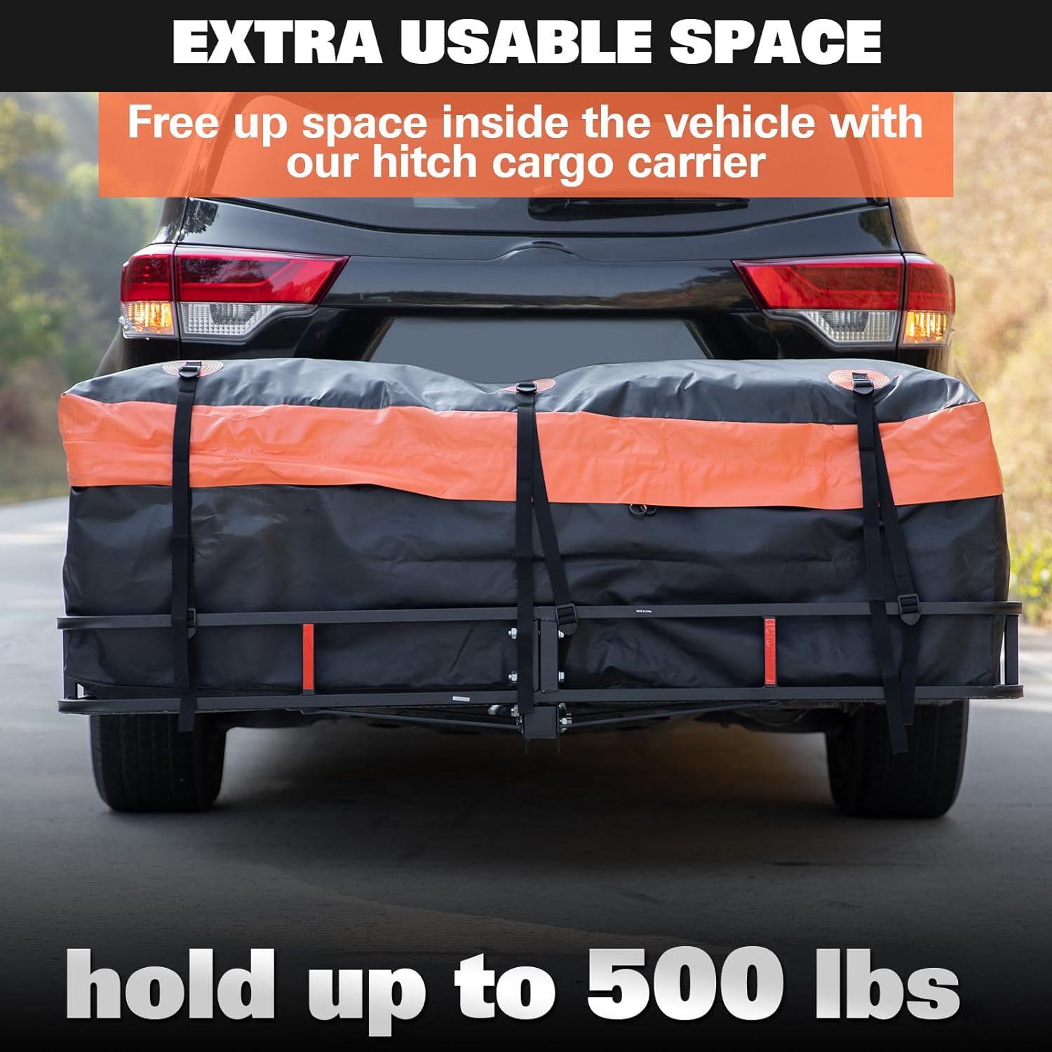 Folding Hitch Mount Cargo Carrier Basket 60" x 20" x 6" with Waterproof Bag, Net, Strap, 2-Inch Folding Shank, 500 lbs Capacity Hitch Rack, Steel Construction