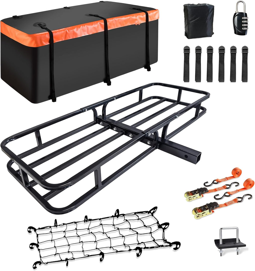 Hitch Mount Cargo Carrier Basket +Waterproof Cargo Bag 15 Cubic Feet,Hauling Weight Capacity of 500 Lbs fit on 2 Inch Receiver with Hitch Stabilizer,Net and Straps