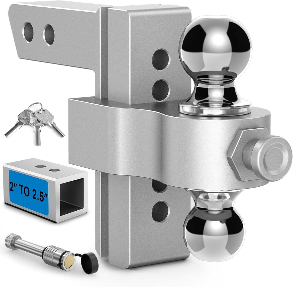 Adjustable Trailer Hitch, Drop Hitch Fits 2 Inch Receiver, Height Aluminum Tow Hitches with Dual Ball (2" x 2-5/16") GTW 12,500 LBS, Heavy Duty Towing Hitch Ball Mount