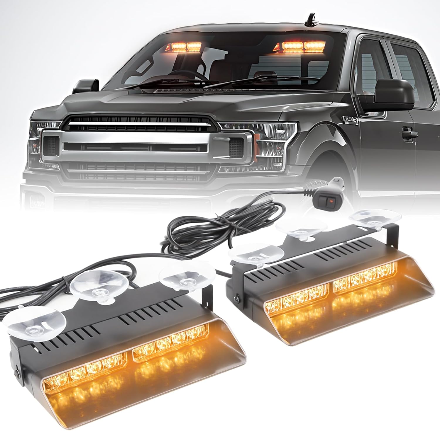 2x7.5" 16 LED Emergency Strobe Light Bar, 26 Flash Modes, Front/Rear Windshield Safety Warning Light for Police Firefighter Construction Vehicles Trucks