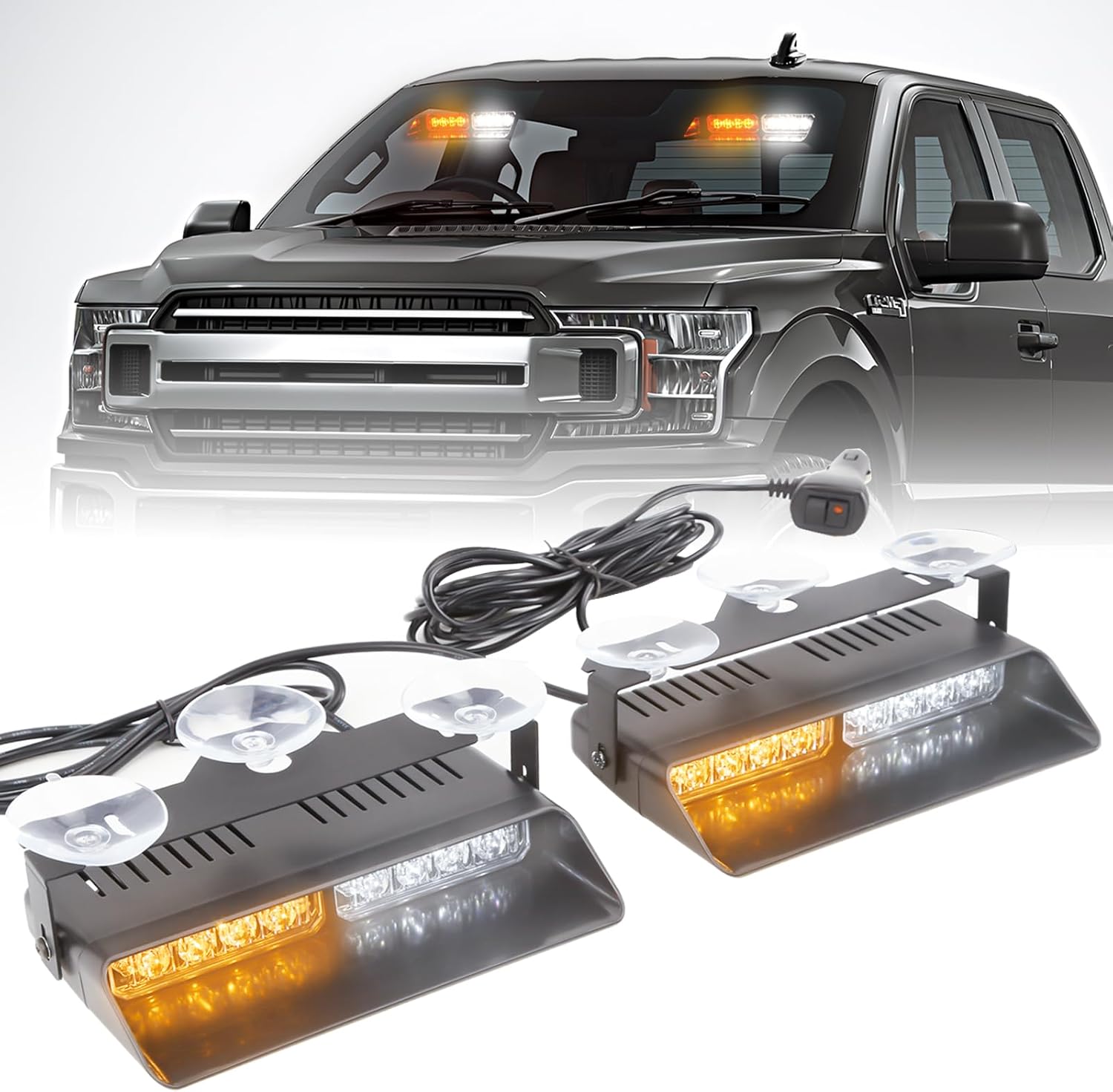 2x7.5" 16 LED Emergency Strobe Light Bar, 26 Flash Modes, Front/Rear Windshield Safety Warning Light for Police Firefighter Construction Vehicles Trucks