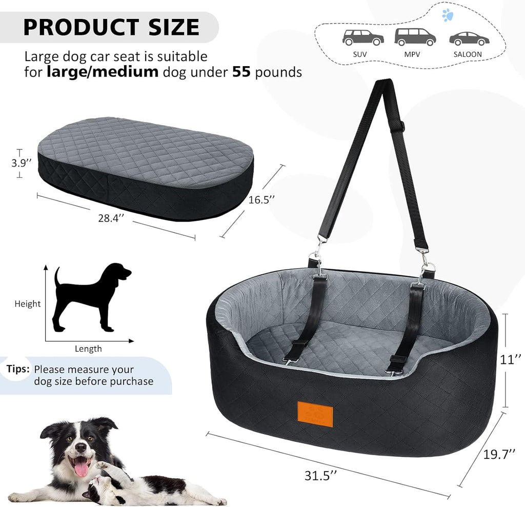 Dog Car Seat, Suitable for large dogs and two small dogs, Upgraded Dog Booster Seat, Detachable & Washable Travel Bed Dog Seat with Thick Cushion, Installable in Car Back Seat or SUV's Trunk