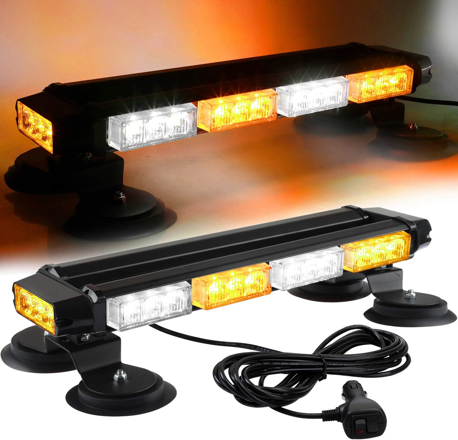 30 LED Strobe Flashing light Bar, High Intensity Emergency Hazard Warning Safety Beacon Light w/Magnetic Base 16ft Cord for Car Trucks Trailer Roof Safety(Amber White Amber White)