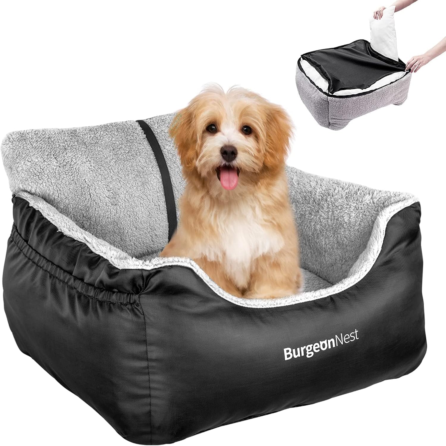 BurgeonNest Dog Car Seat for Small Dogs Under 25 lbs – Fully Detachable & Washable, Soft Booster Seat with Storage Pockets, Clip-On Leash, Portable Carrier Bed, Fits Most Car Seats and Types
