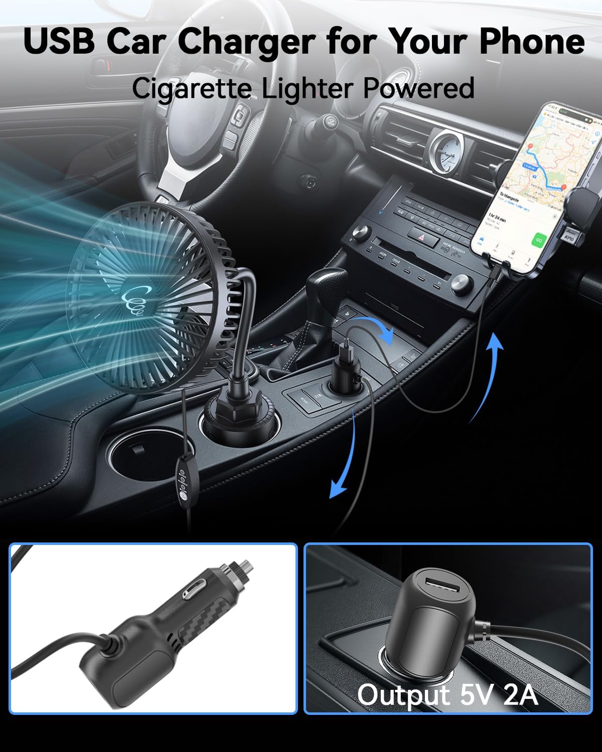 3-Speed 12V Portable Vehicle Cooling Fan for Front Seat for Dog/SUV/RV/Truck/Van