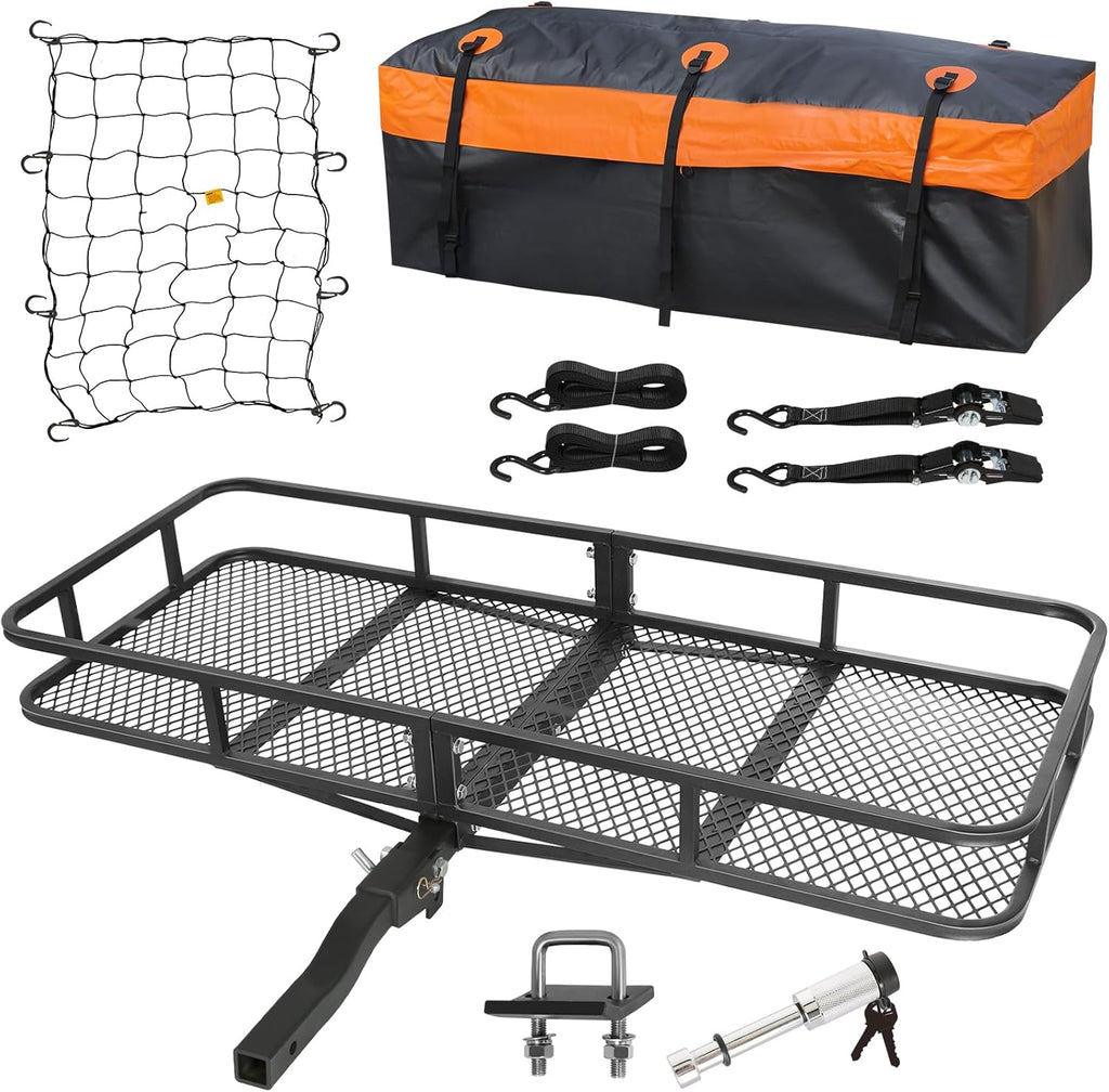 Folding Hitch Mount Cargo Carrier Basket 60" x 20" x 6" with Waterproof Bag, Net, Strap, 2-Inch Folding Shank, 500 lbs Capacity Hitch Rack, Steel Construction