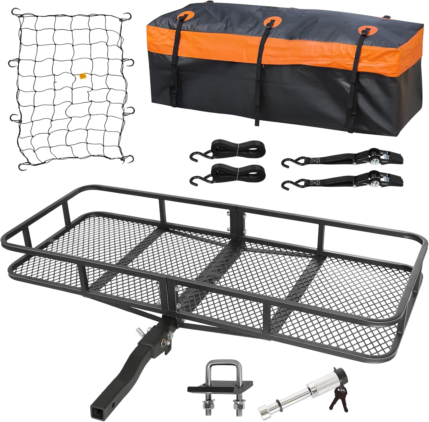 Folding Hitch Mount Cargo Carrier Basket 60" x 20" x 6" with Waterproof Bag, Net, Strap, 2-Inch Folding Shank, 500 lbs Capacity Hitch Rack, Steel Construction