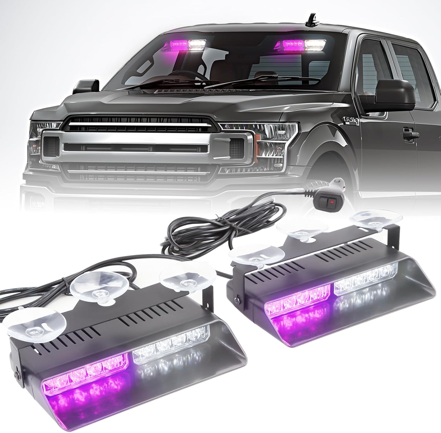 2x7.5" 16 LED Emergency Strobe Light Bar, 26 Flash Modes, Front/Rear Windshield Safety Warning Light for Police Firefighter Construction Vehicles Trucks