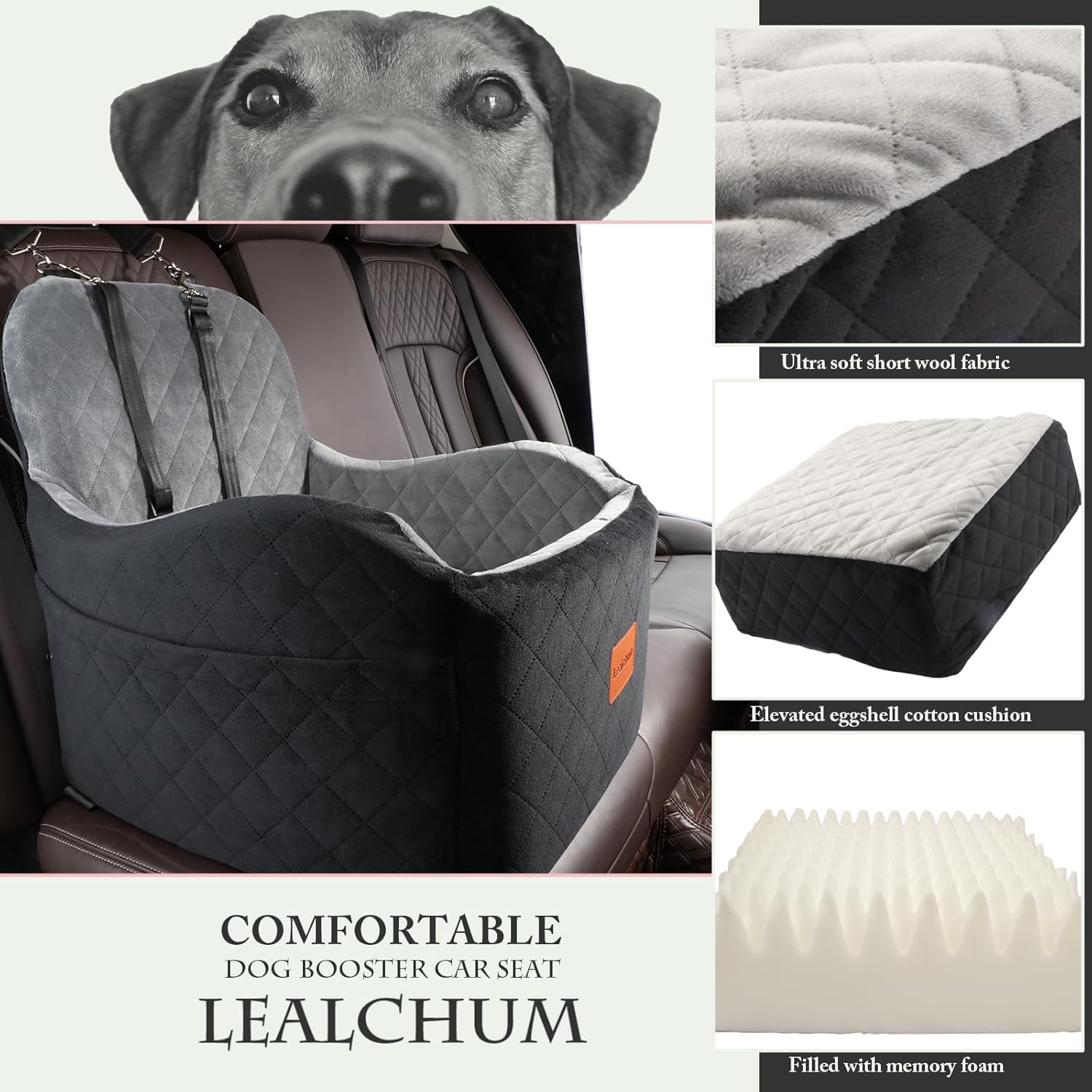 Dog Booster Car Seat for Small/Medium Dogs, Memory Foam Elevated Cushion, Fully Detachable & Washable with Safety Leashes, Fits All Car Seats & SUV