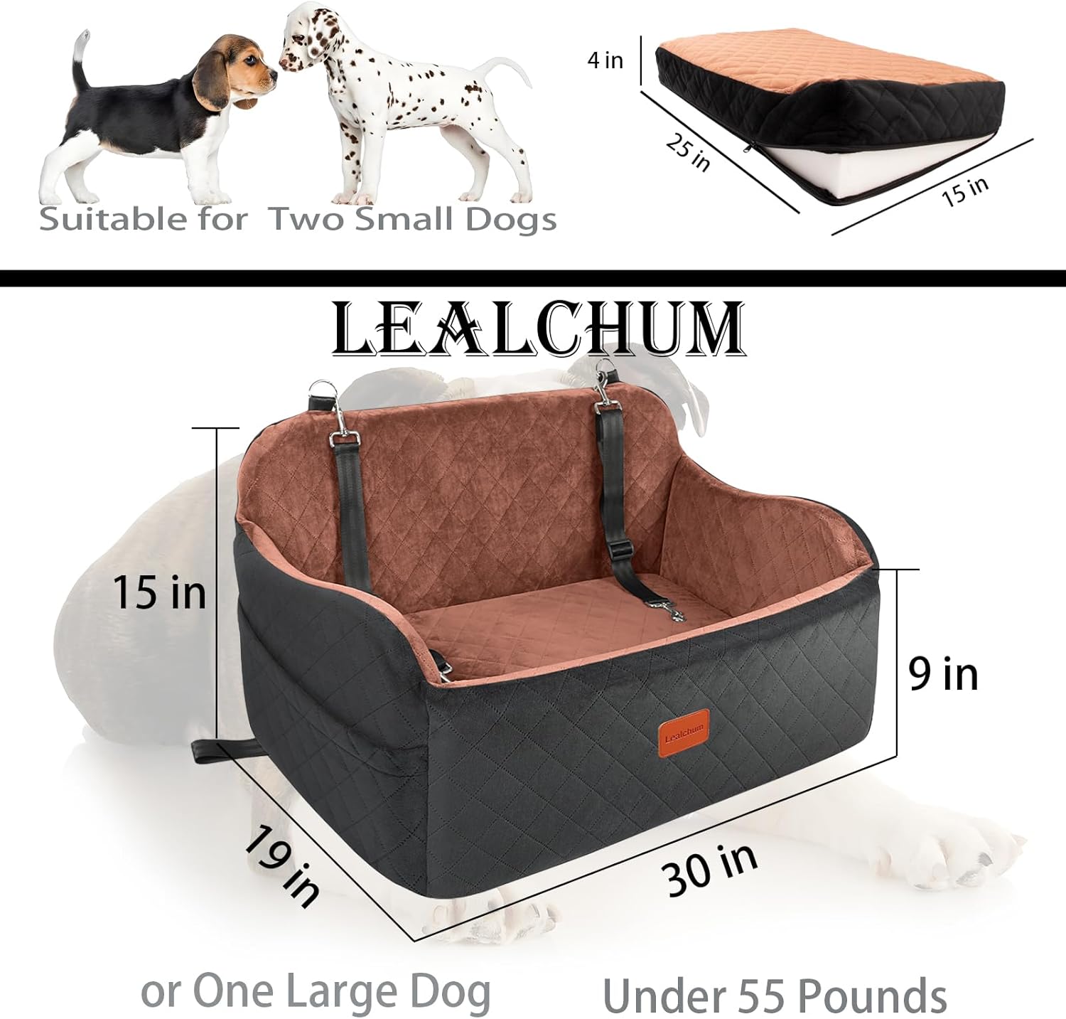 Dog Car Seat for Large Dogs, Soft Memory Foam Pet Bed with 2 Clip-On Safety Leashes, Removable & Washable, Comfortable & Secure for Travel,Installable in Car Back Seat or SUV's Trunk