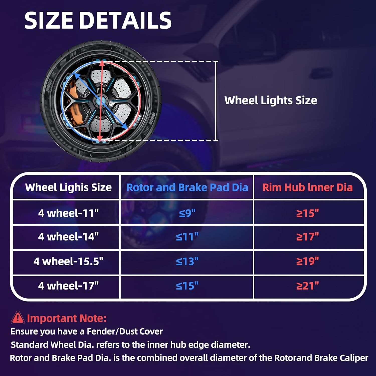 4PCS 14" Double Sided RGB LED Wheel Ring Lights with APP & Remote Control for Trucks Pickups Cars Offroad