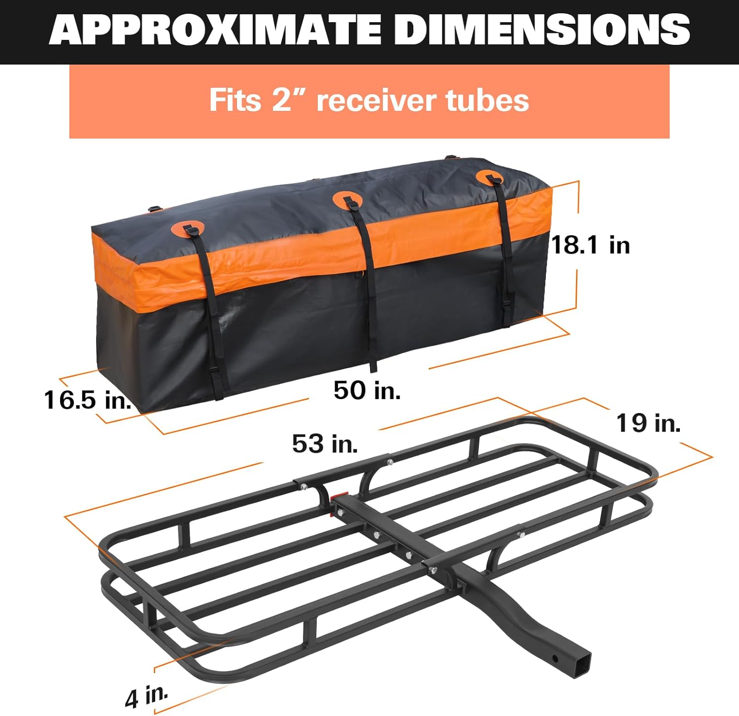 53" x 19" Hitch Mount Cargo Carrier, 500 Lbs Heavy Duty Hitch Cargo Basket with Waterproof Bag, Net, Strap, Tightener & 2" Hitch Shank for Car SUV Traveling Camping, Steel Construction