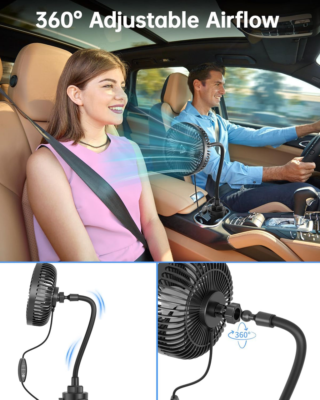 3-Speed 12V Portable Vehicle Cooling Fan for Front Seat for Dog/SUV/RV/Truck/Van