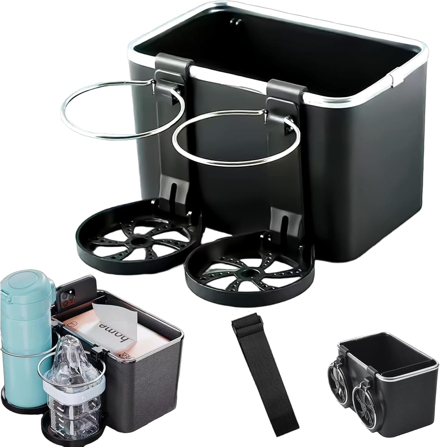 Armrest Organizer with Twin Fold-Flat Cup Holders