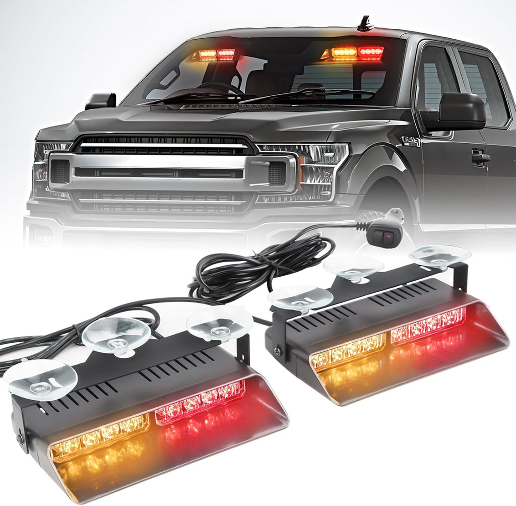 2x7.5" 16 LED Emergency Strobe Light Bar, 26 Flash Modes, Front/Rear Windshield Safety Warning Light for Police Firefighter Construction Vehicles Trucks
