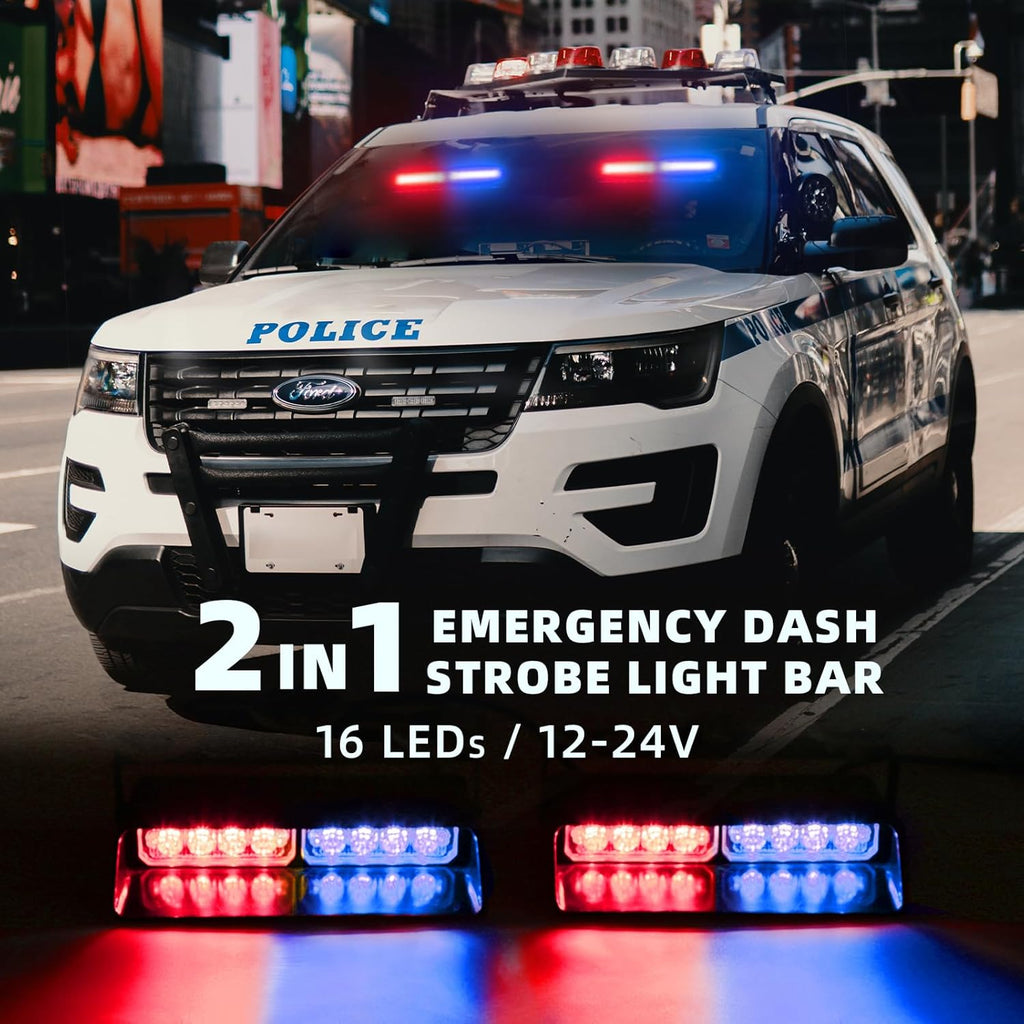 2x7.5" 16 LED Emergency Strobe Light Bar, 26 Flash Modes, Front/Rear Windshield Safety Warning Light for Police Firefighter Construction Vehicles Trucks
