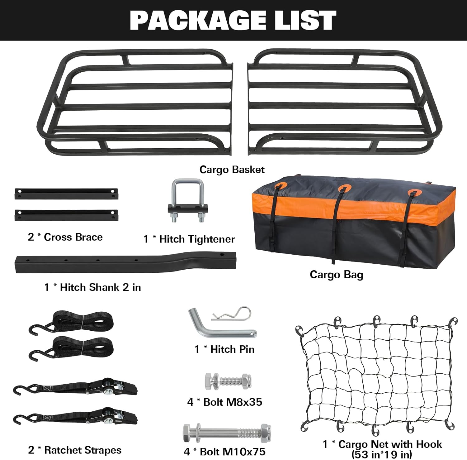 53" x 19" Hitch Mount Cargo Carrier, 500 Lbs Heavy Duty Hitch Cargo Basket with Waterproof Bag, Net, Strap, Tightener & 2" Hitch Shank for Car SUV Traveling Camping, Steel Construction