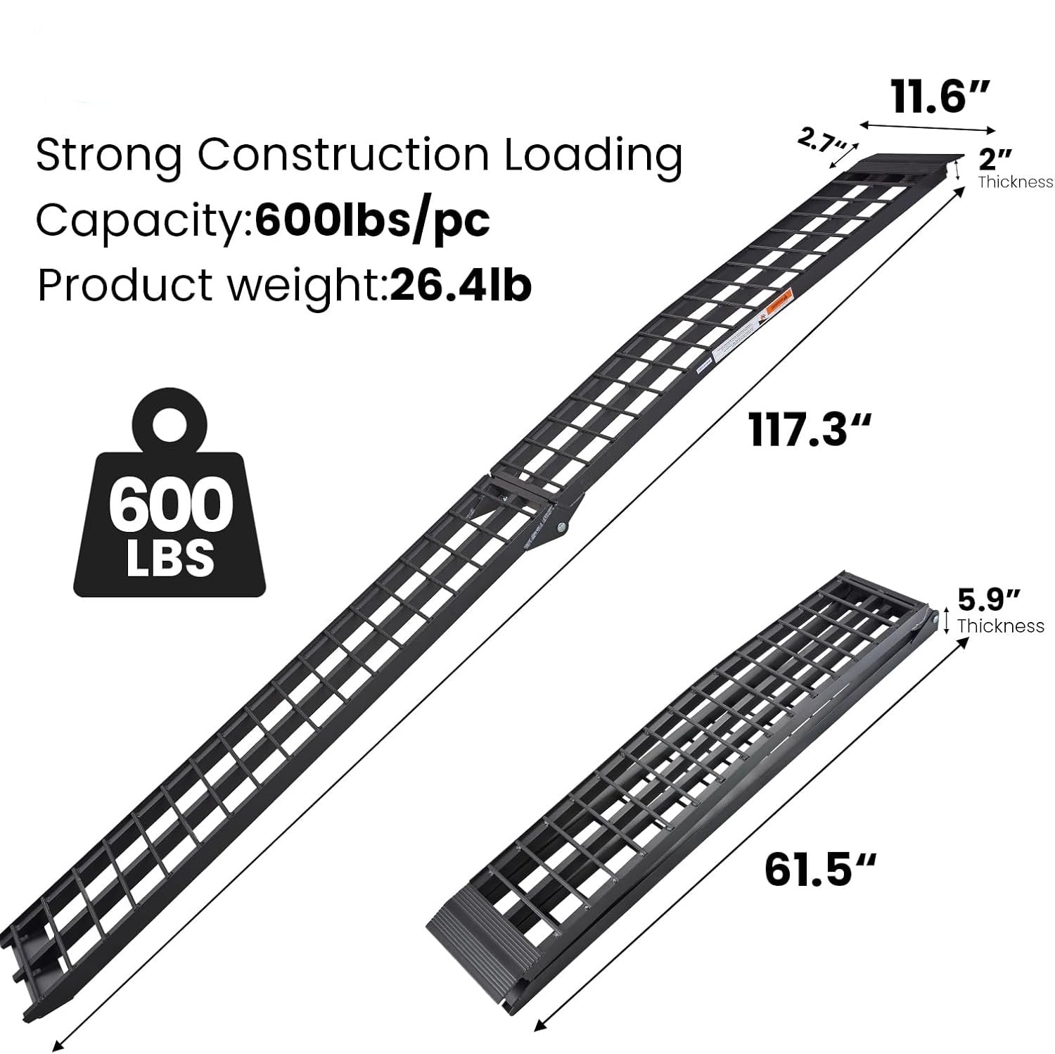 10ft Motorcycle Ramp - 600lb Capacity - Portable Loading Ramp for Motorcycles, Dirt Bikes, Bicycles - 120"x11.6" Black Ramp