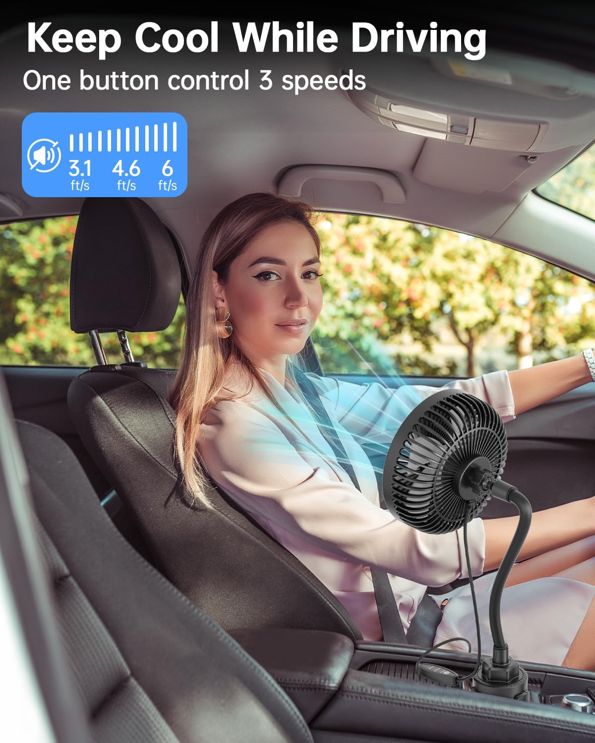 3-Speed 12V Portable Vehicle Cooling Fan for Front Seat for Dog/SUV/RV/Truck/Van