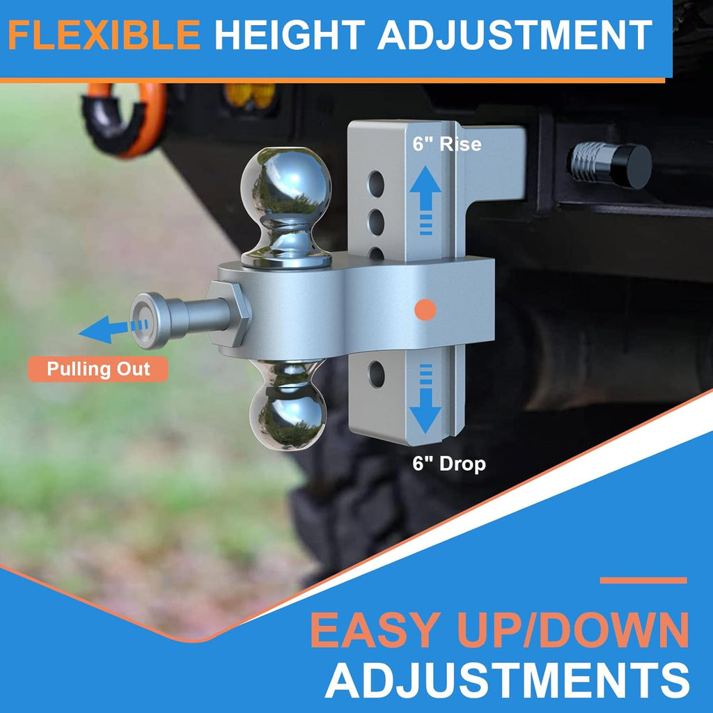Adjustable Trailer Hitch, Drop Hitch Fits 2 Inch Receiver, Height Aluminum Tow Hitches with Dual Ball (2" x 2-5/16") GTW 12,500 LBS, Heavy Duty Towing Hitch Ball Mount