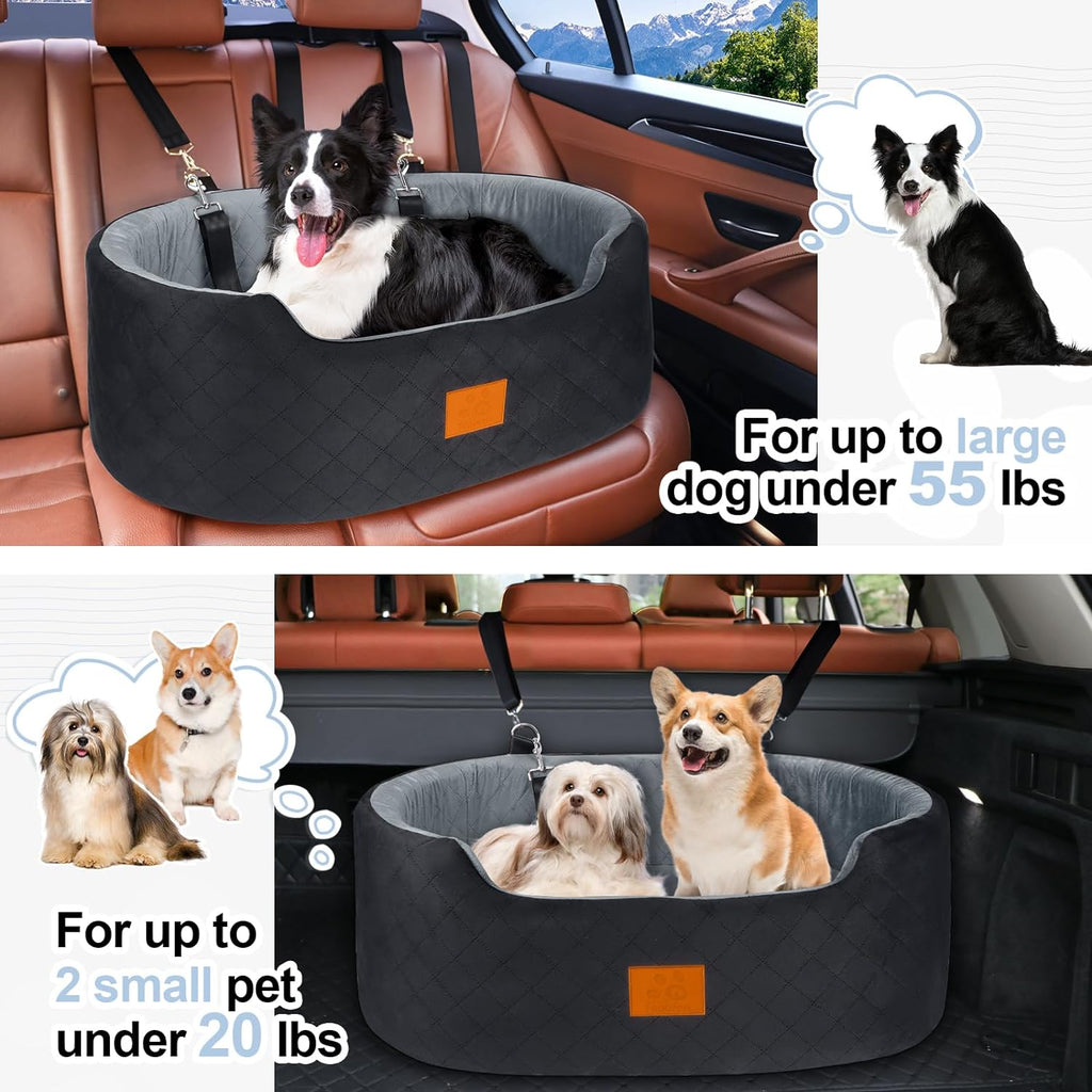 Dog Car Seat, Suitable for large dogs and two small dogs, Upgraded Dog Booster Seat, Detachable & Washable Travel Bed Dog Seat with Thick Cushion, Installable in Car Back Seat or SUV's Trunk