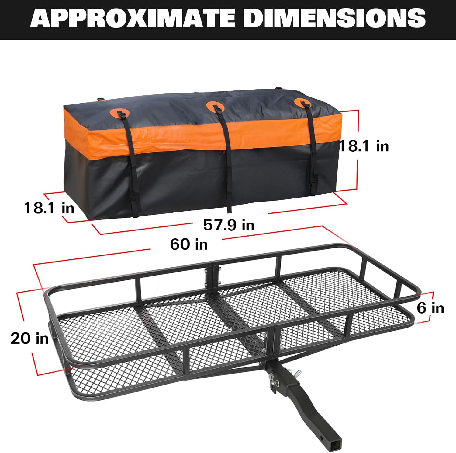 Folding Hitch Mount Cargo Carrier Basket 60" x 20" x 6" with Waterproof Bag, Net, Strap, 2-Inch Folding Shank, 500 lbs Capacity Hitch Rack, Steel Construction