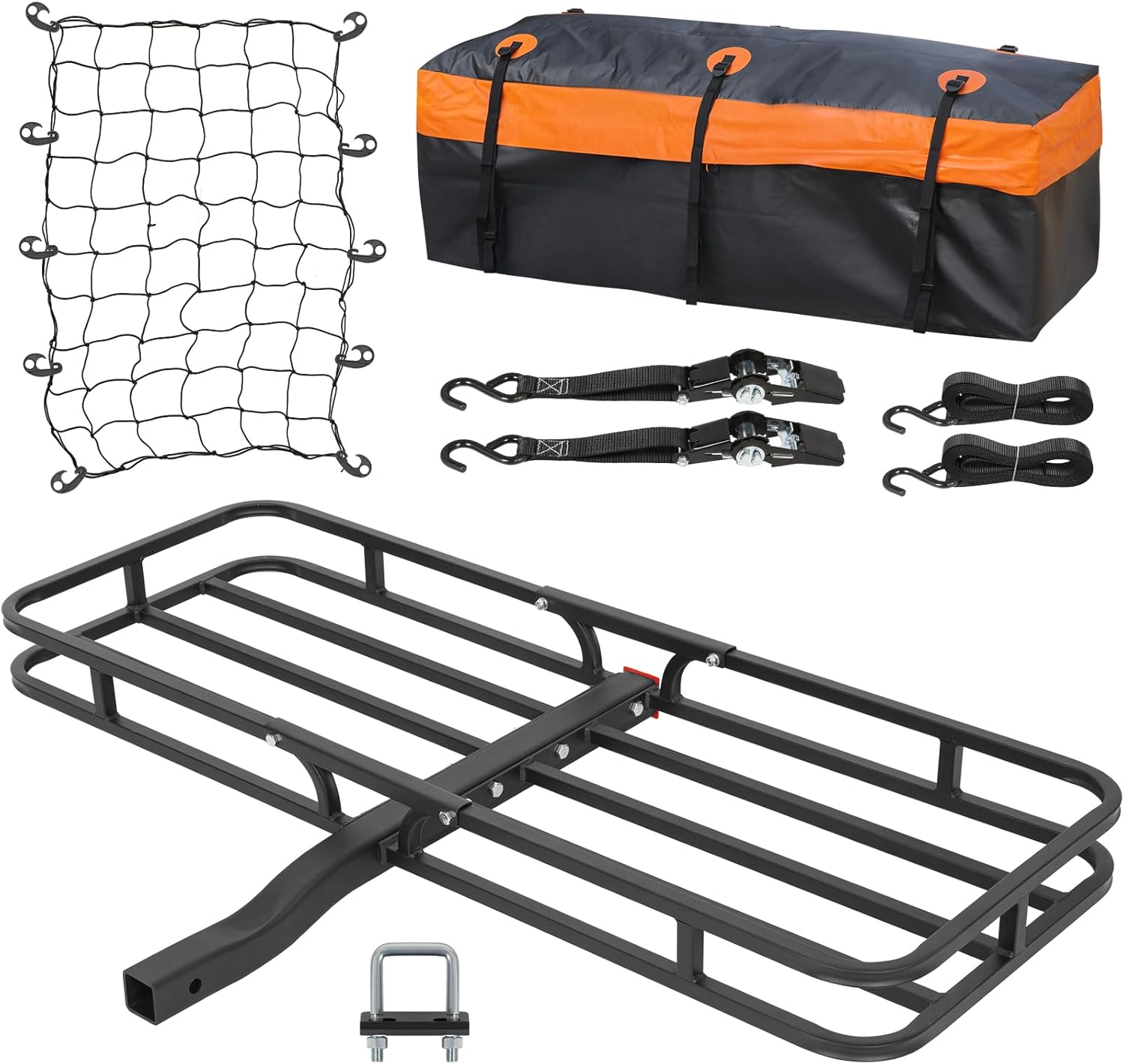 53" x 19" Hitch Mount Cargo Carrier, 500 Lbs Heavy Duty Hitch Cargo Basket with Waterproof Bag, Net, Strap, Tightener & 2" Hitch Shank for Car SUV Traveling Camping, Steel Construction