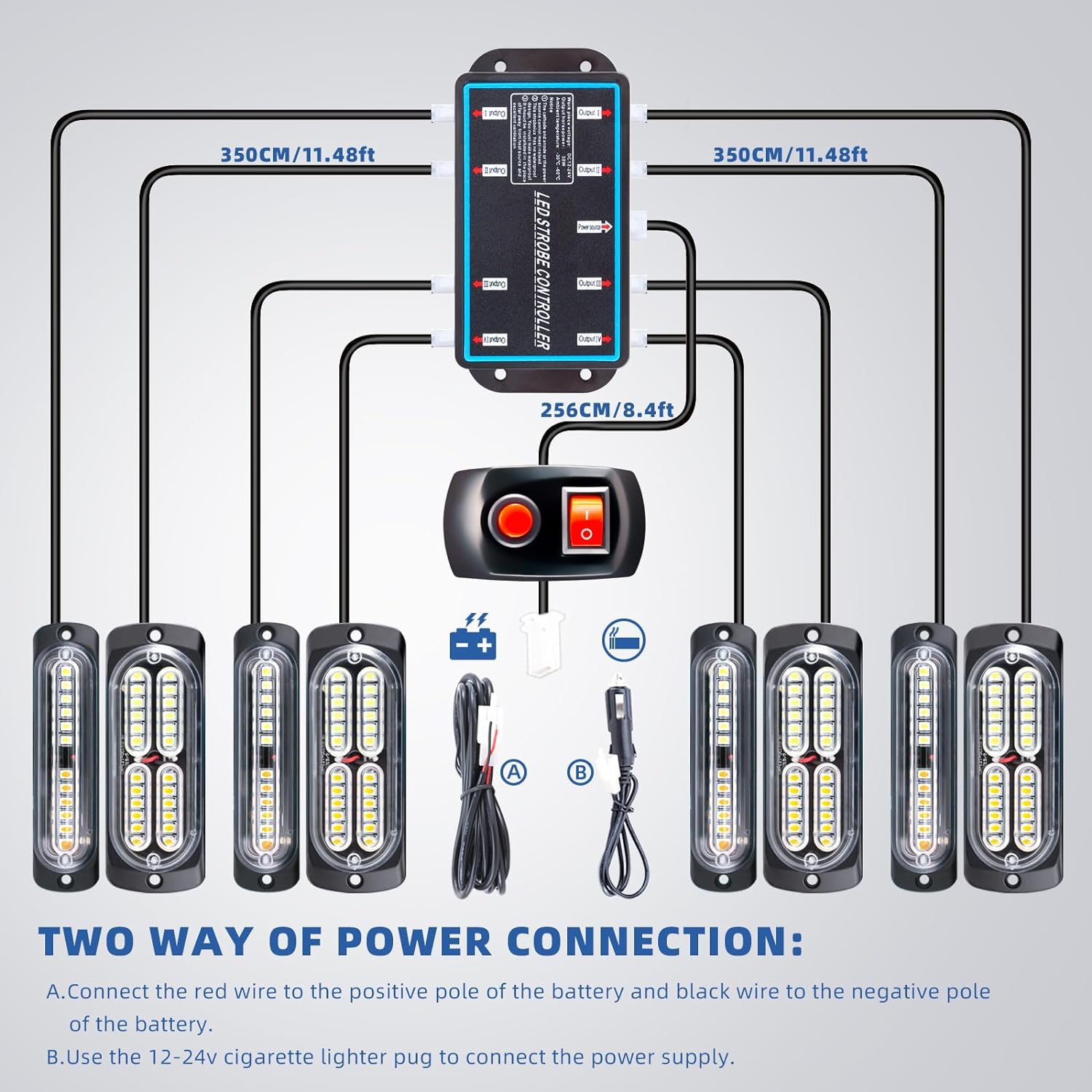 8pcs Sync Feature Emergency Strobe Grille Lights LED Ultra Slim Surface Mount Flashing Hazard Warning Light Bar with Controller for Firefighter/Construction/Trucks/Vehicles/Car