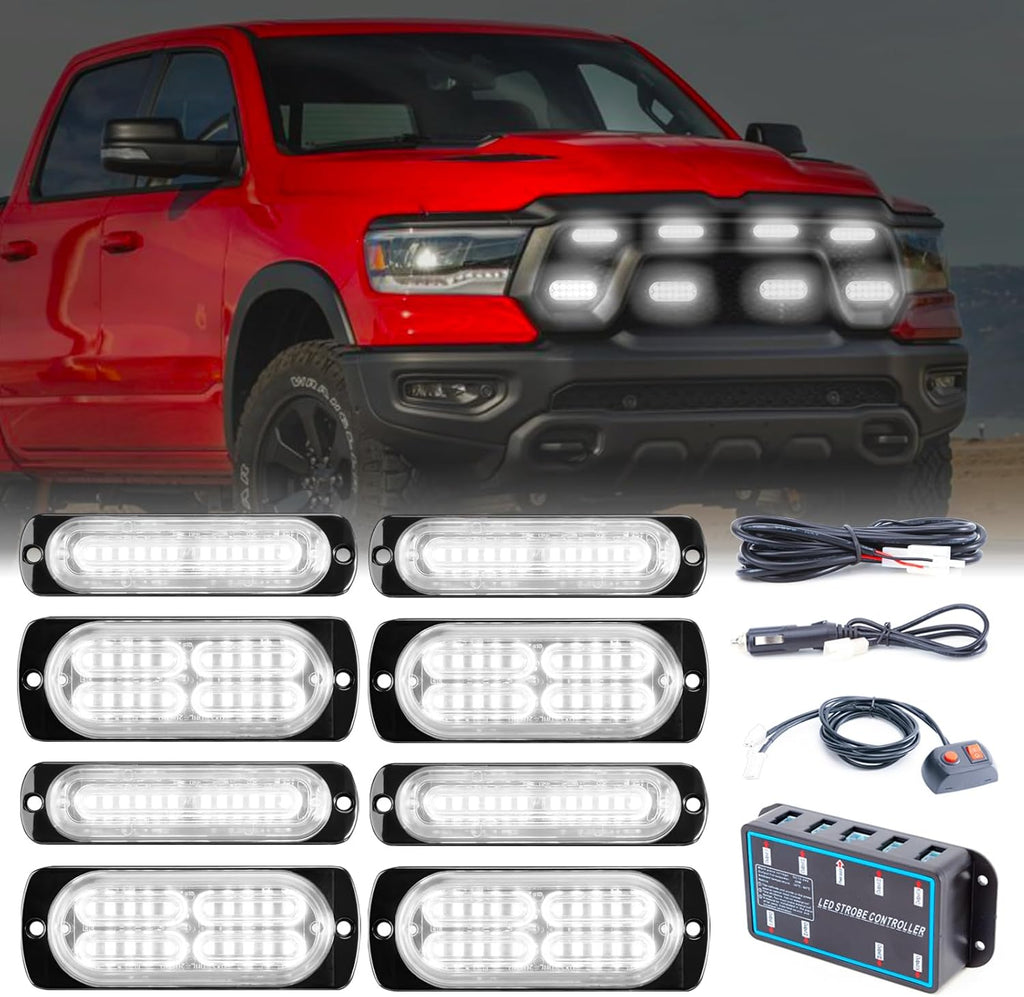8pcs Sync Feature Emergency Strobe Grille Lights LED Ultra Slim Surface Mount Flashing Hazard Warning Light Bar with Controller for Firefighter/Construction/Trucks/Vehicles/Car
