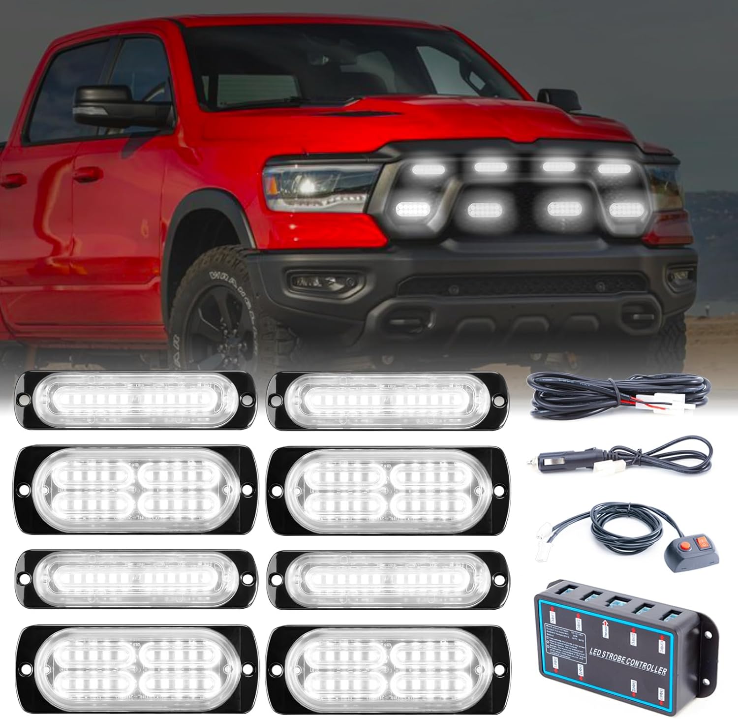8pcs Sync Feature Emergency Strobe Grille Lights LED Ultra Slim Surface Mount Flashing Hazard Warning Light Bar with Controller for Firefighter/Construction/Trucks/Vehicles/Car