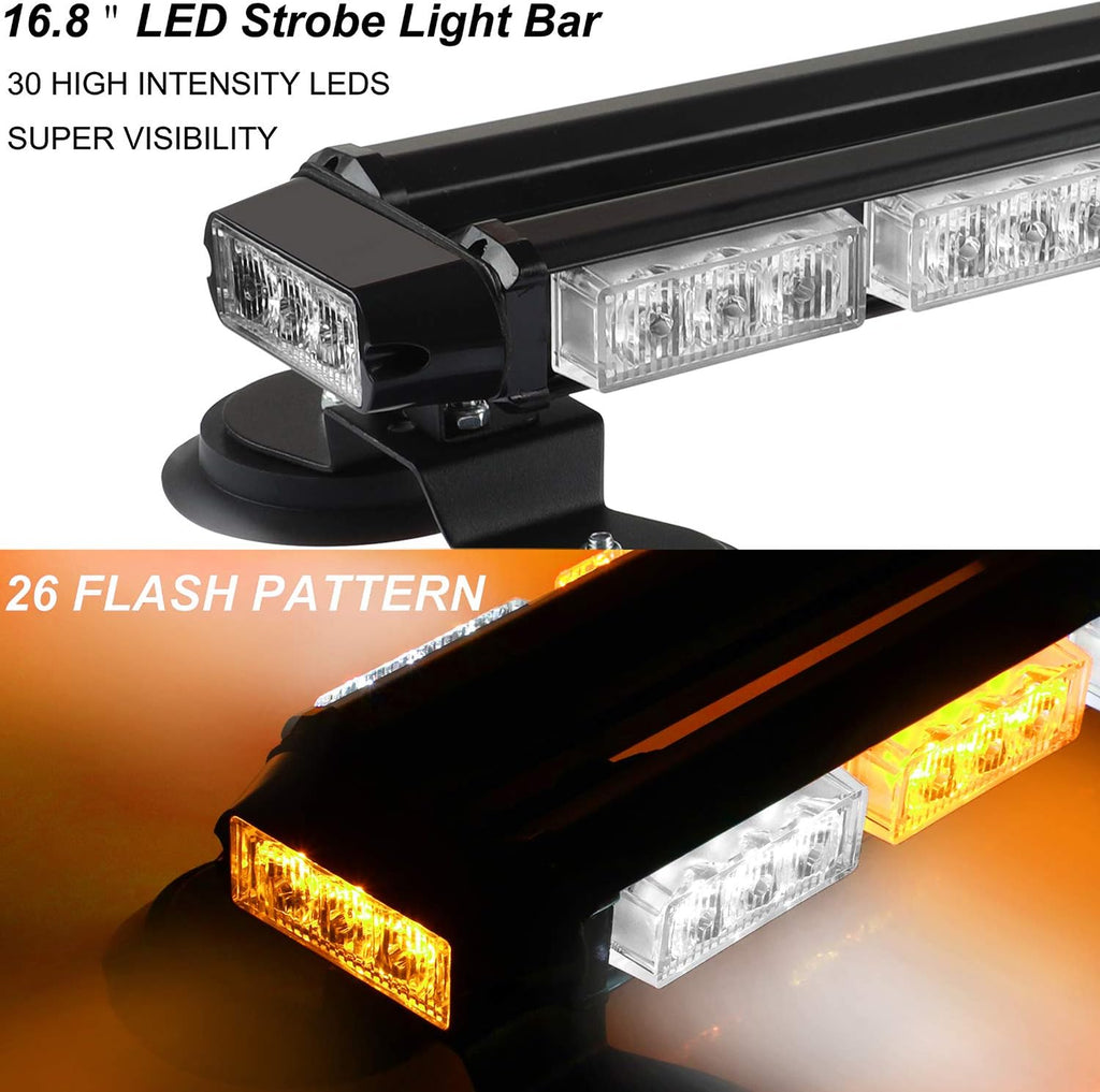 30 LED Strobe Flashing light Bar, High Intensity Emergency Hazard Warning Safety Beacon Light w/Magnetic Base 16ft Cord for Car Trucks Trailer Roof Safety(Amber White Amber White)