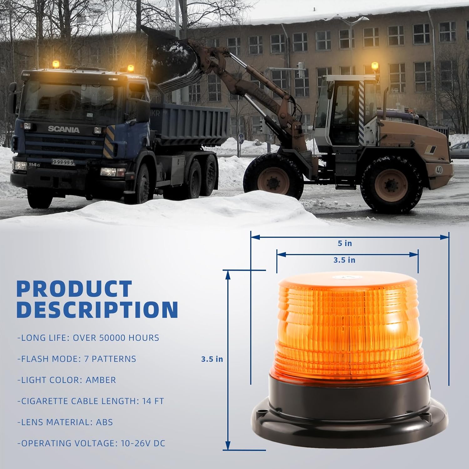 Amber LED Beacon Strobe Light, 12-24V Emergency Warning Light Bar with Magnetic Base, 7 Flash Modes , Base for Snow Plow Truck Construction Vehicles Forklift Tractor Golf Carts