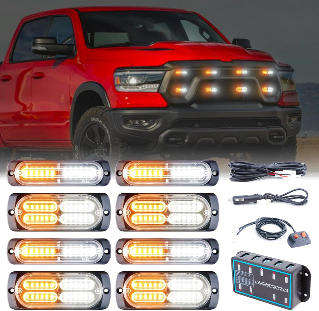 8pcs Sync Feature Emergency Strobe Grille Lights LED Ultra Slim Surface Mount Flashing Hazard Warning Light Bar with Controller for Firefighter/Construction/Trucks/Vehicles/Car