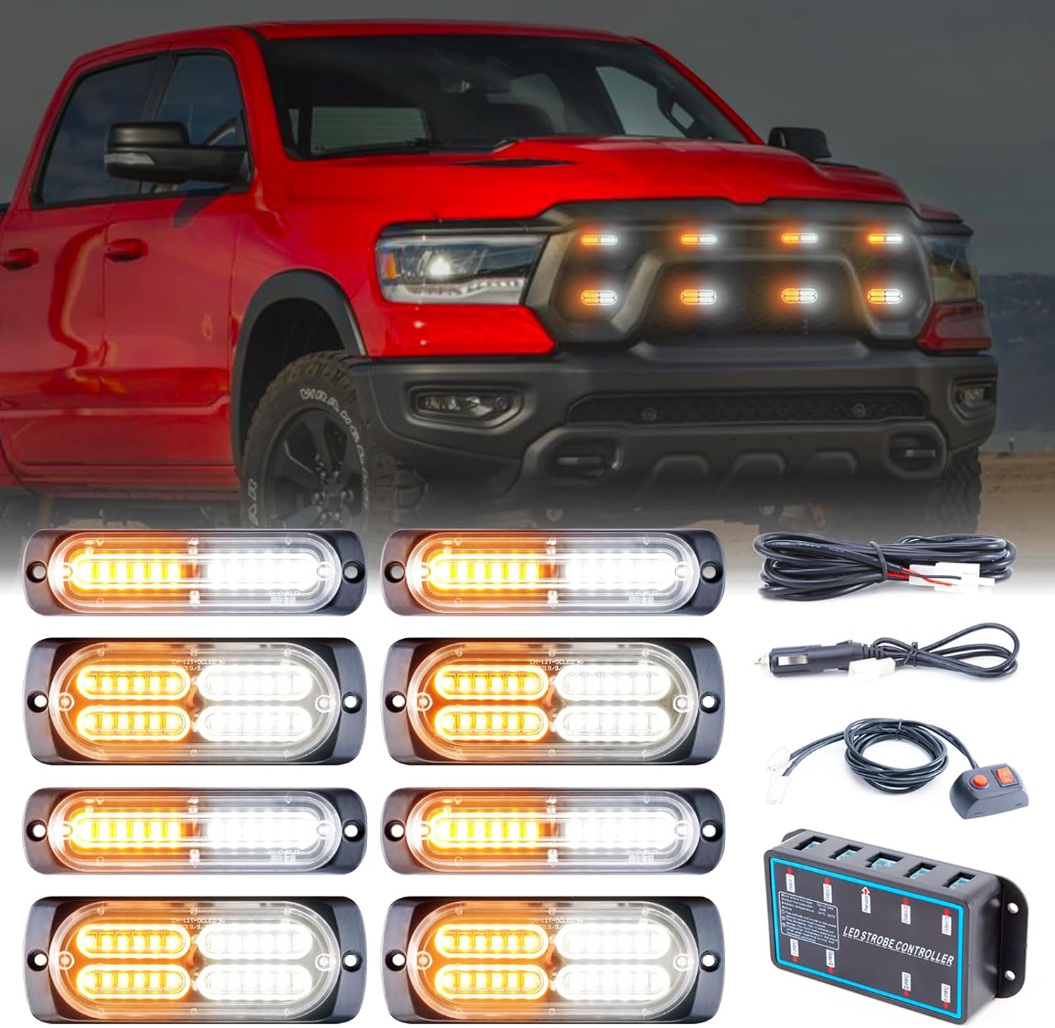 8pcs Sync Feature Emergency Strobe Grille Lights LED Ultra Slim Surface Mount Flashing Hazard Warning Light Bar with Controller for Firefighter/Construction/Trucks/Vehicles/Car