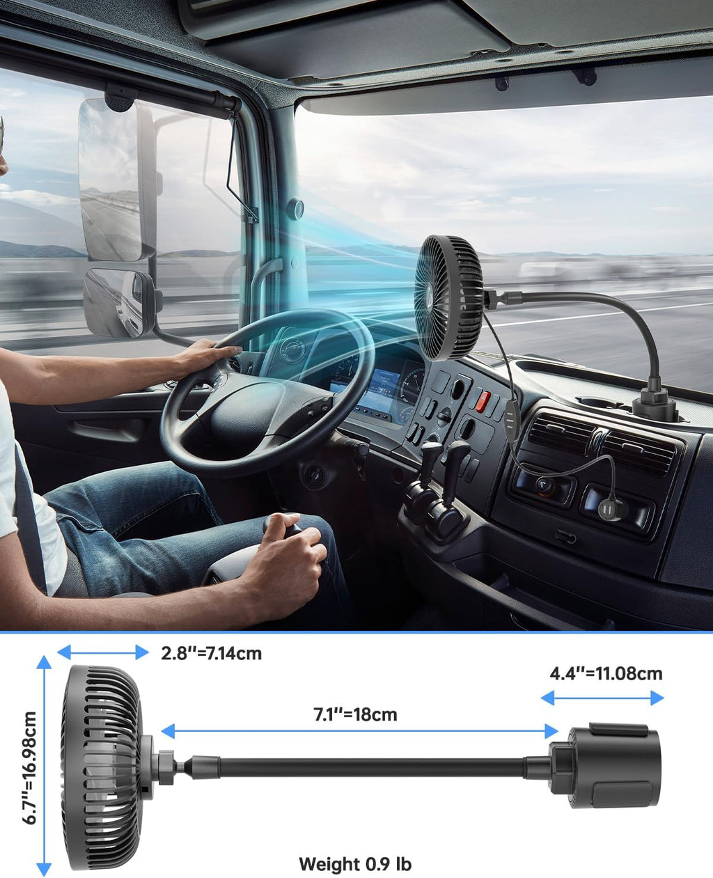 3-Speed 12V Portable Vehicle Cooling Fan for Front Seat for Dog/SUV/RV/Truck/Van