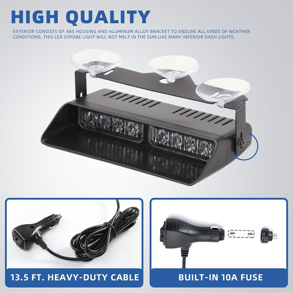 2x7.5" 16 LED Emergency Strobe Light Bar, 26 Flash Modes, Front/Rear Windshield Safety Warning Light for Police Firefighter Construction Vehicles Trucks