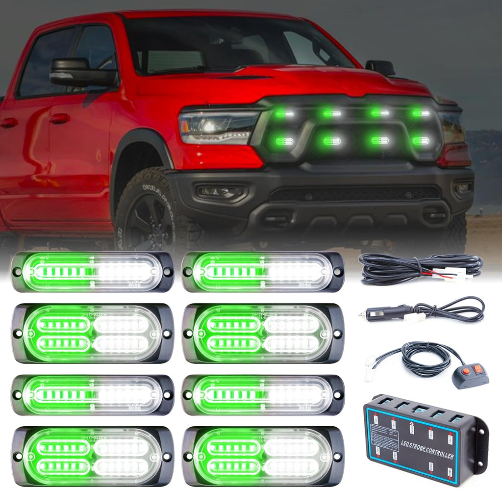 8pcs Sync Feature Emergency Strobe Grille Lights LED Ultra Slim Surface Mount Flashing Hazard Warning Light Bar with Controller for Firefighter/Construction/Trucks/Vehicles/Car